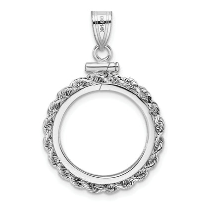 14K White Gold 17.8 mm Coin Bezel Holder Pendant Charm Diamond Cut Rope Edge US $2.50 Dollar Liberty Indian Barber Dime Mercury Dime Screw Top