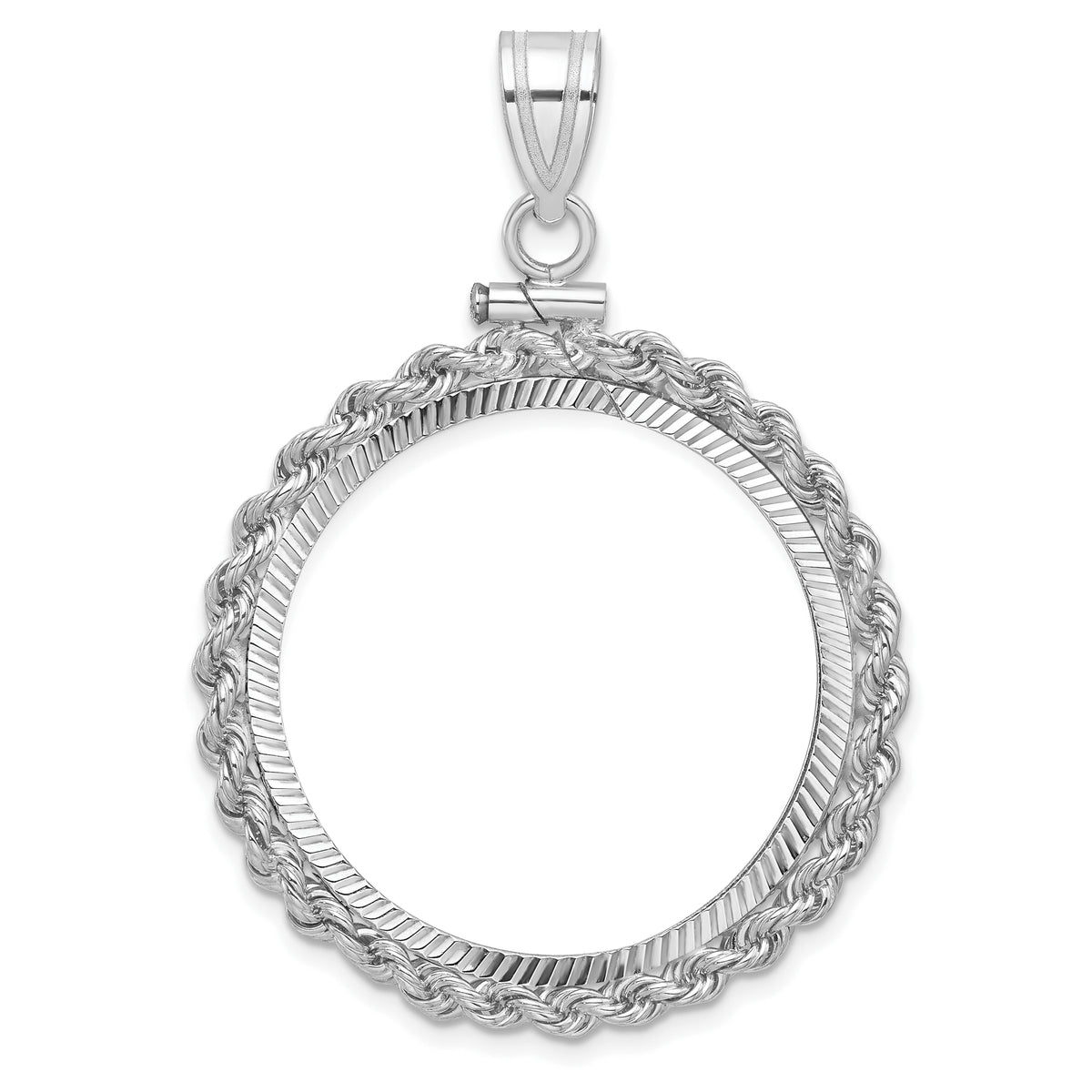 14K White Gold 27 mm Coin Bezel Holder Pendant Charm Diamond Cut Rope Edge 1/2 oz American Eagle Panda US $10 Dollar Liberty Indian Screw Top