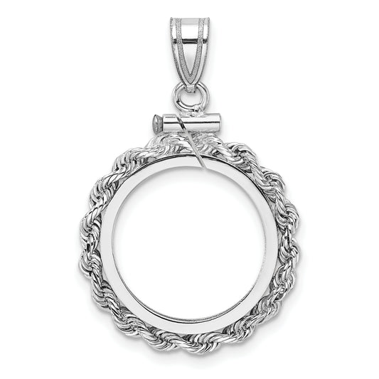 14K White Gold 16.5 mm Coin Bezel Holder Pendant Charm Rope Edge 1/10 oz American Eagle Krugerrand Screw Top