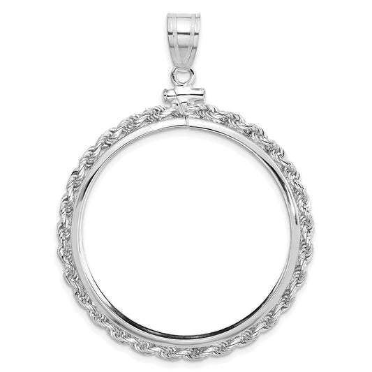 14K White Gold 32.7 mm Coin Bezel Holder Pendant Charm Rope Edge 1 oz American Eagle Cat Krugerrand Screw Top