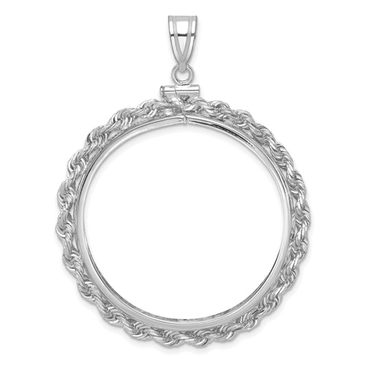 14K White Gold 37 mm Coin Bezel Holder Pendant Charm Rope Edge 50 Peso Screw Top