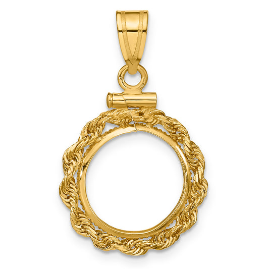 14K Yellow Gold 13 mm Coin Bezel Holder Pendant Charm Rope Edge US $1 Dollar Type 1 and 2 Peso Screw Top