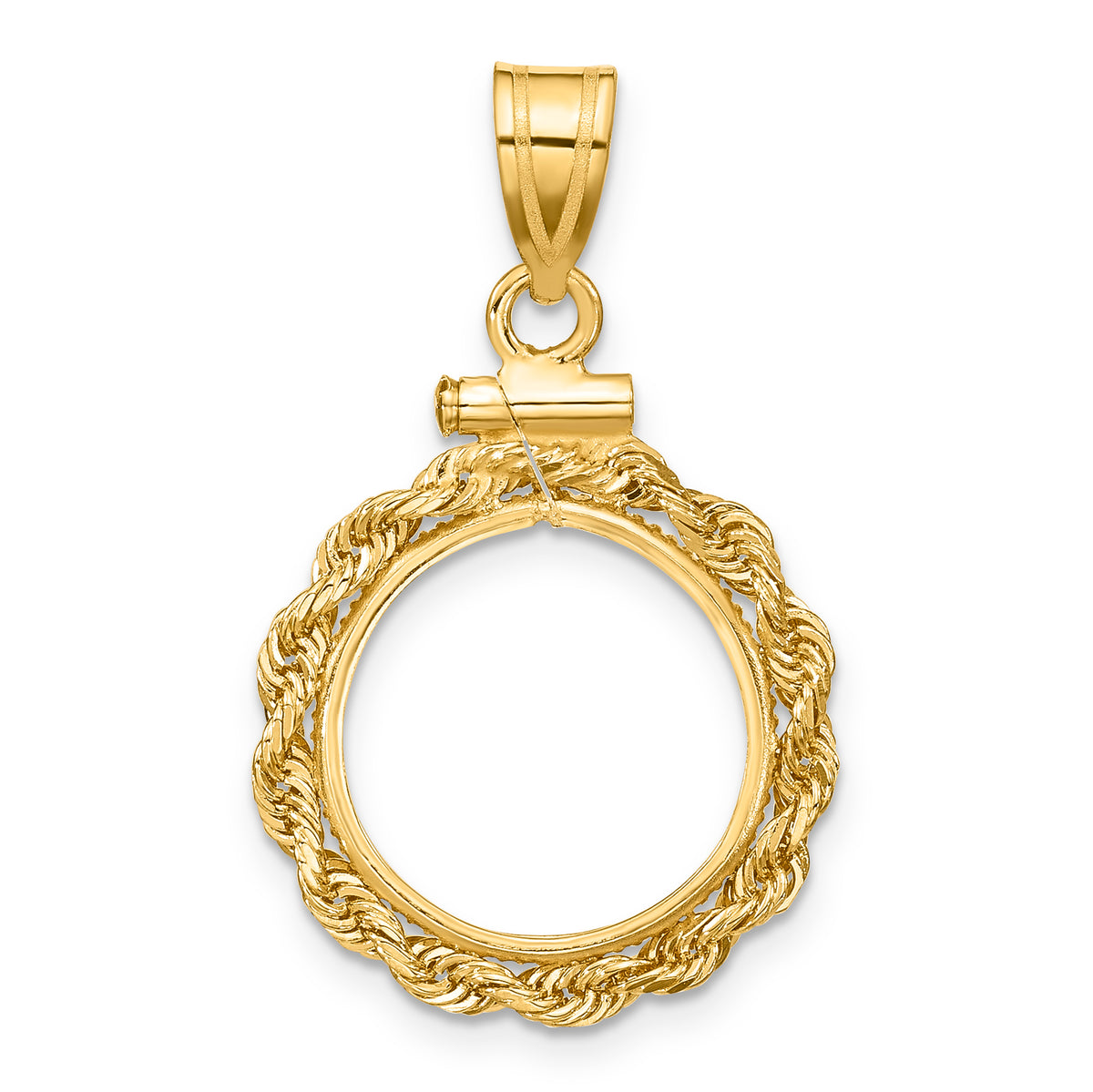 14K Yellow Gold 14 mm Coin Bezel Holder Pendant Charm Rope Edge 1/20 oz Maple Leaf Panda Kangaroo 1/25 oz Cat Screw Top