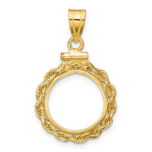 14K Yellow Gold 14 mm Coin Bezel Holder Pendant Charm Rope Edge 1/20 oz Maple Leaf Panda Kangaroo 1/25 oz Cat Screw Top
