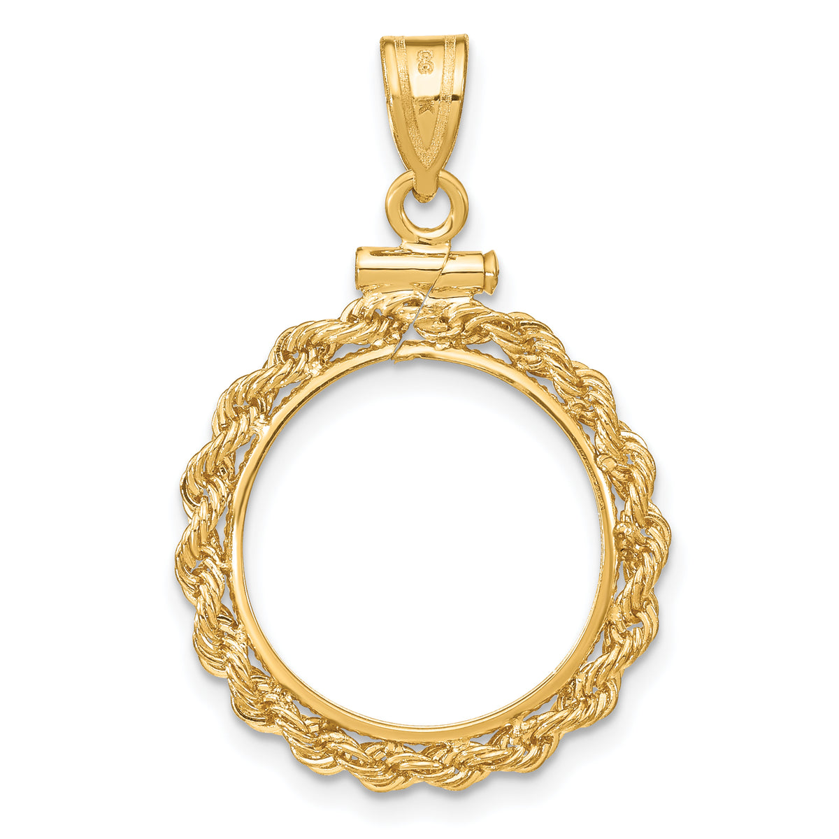 14K Yellow Gold 15 mm Coin Bezel Holder Pendant Charm Rope Edge US $1 Dollar Type 2 Screw Top