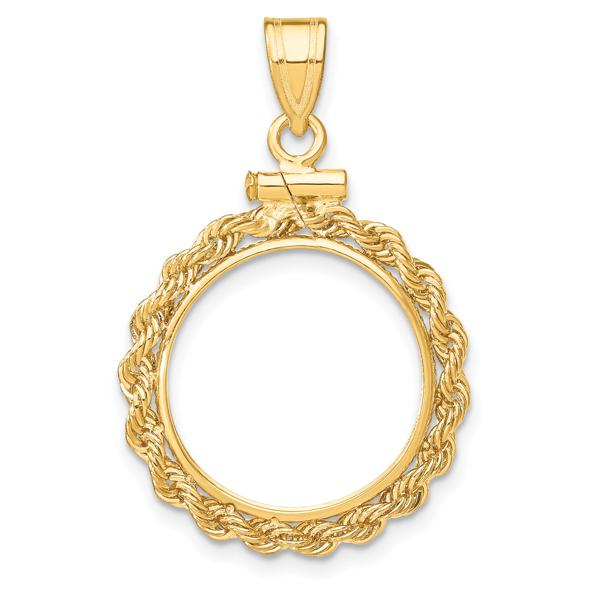 14K Yellow Gold 15 mm Coin Bezel Holder Pendant Charm Rope Edge US $1 Dollar Type 2 Screw Top
