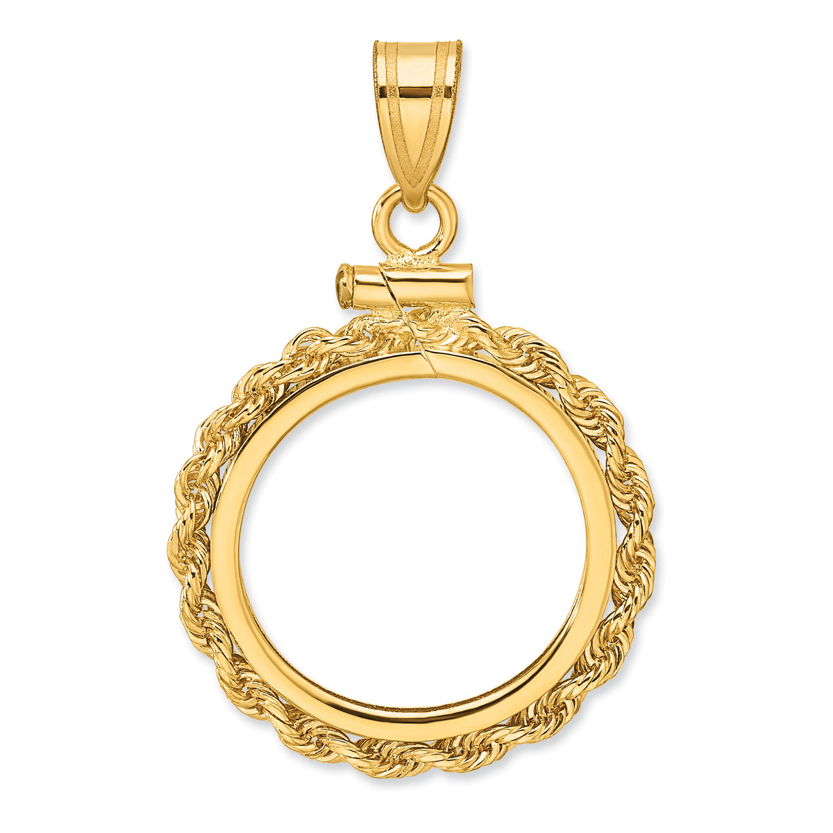 14K Yellow Gold 16.5 mm Coin Bezel Holder Pendant Charm Rope Edge 1/10 oz American Eagle Krugerrand Screw Top