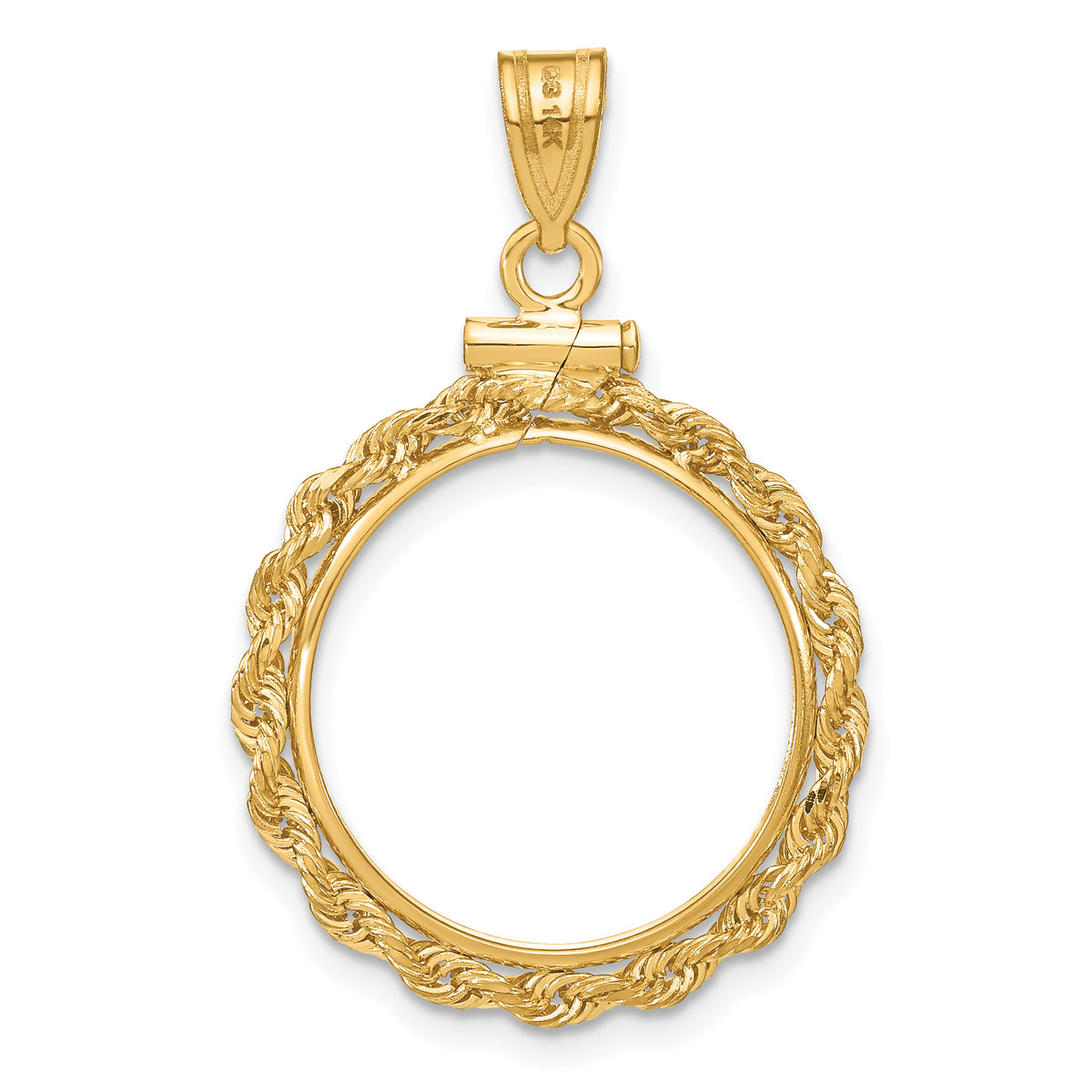 14K Yellow Gold 17.8 mm Coin Bezel Holder Pendant Charm Rope Edge US $2.50 Dollar Liberty Indian Barber Dime Mercury Dime Screw Top