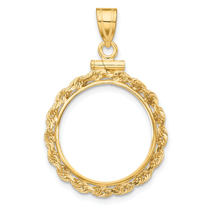 14K Yellow Gold 17.8 mm Coin Bezel Holder Pendant Charm Rope Edge US $2.50 Dollar Liberty Indian Barber Dime Mercury Dime Screw Top