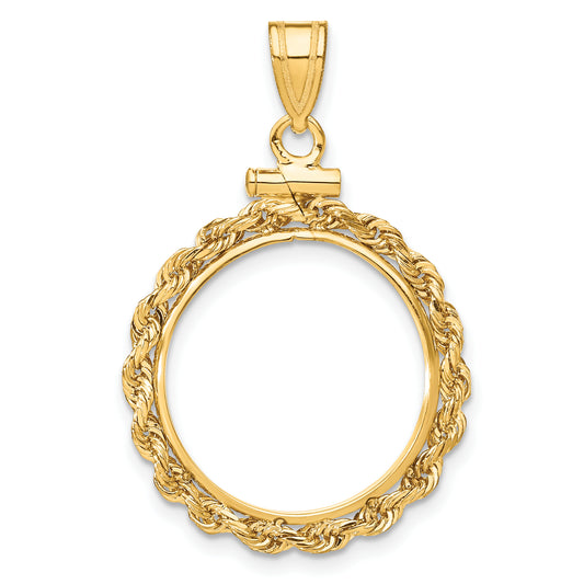 14K Yellow Gold 18 mm Coin Bezel Holder Pendant Charm Rope Edge US Dime 1/10 oz Panda Cat Screw Top