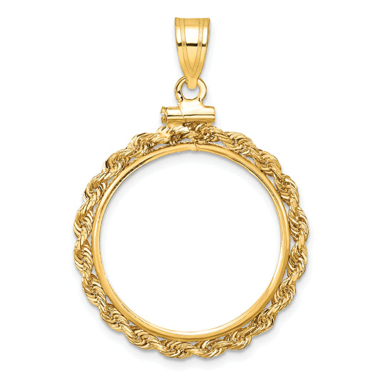 14K Yellow Gold 21.6 mm Coin Bezel Holder Pendant Charm Rope Edge US $5 Dollar Liberty Indian Statue of Liberty Bald Eagle Congressional Screw Top