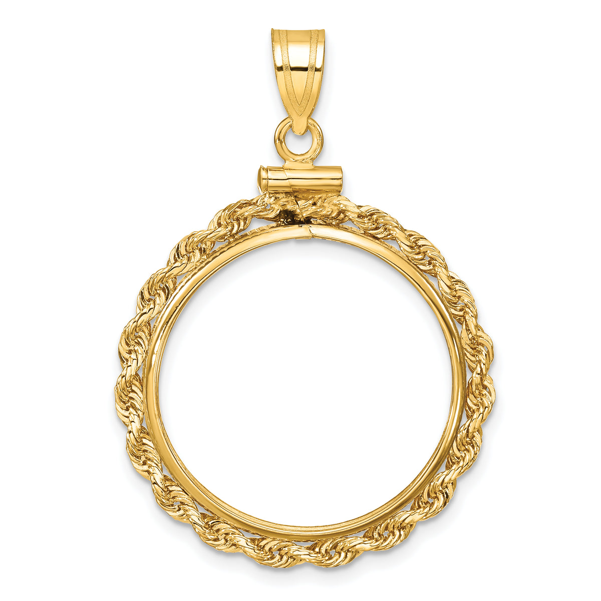 14K Yellow Gold 22 mm Coin Bezel Holder Pendant Charm Rope Edge 1/4 oz American Eagle Panda 2 Rand US $5 Jamestown Screw Top
