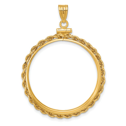 14K Yellow Gold 30 mm Coin Bezel Holder Pendant Charm Rope Edge 1 oz Maple Leaf 1/2 oz Cat Screw Top