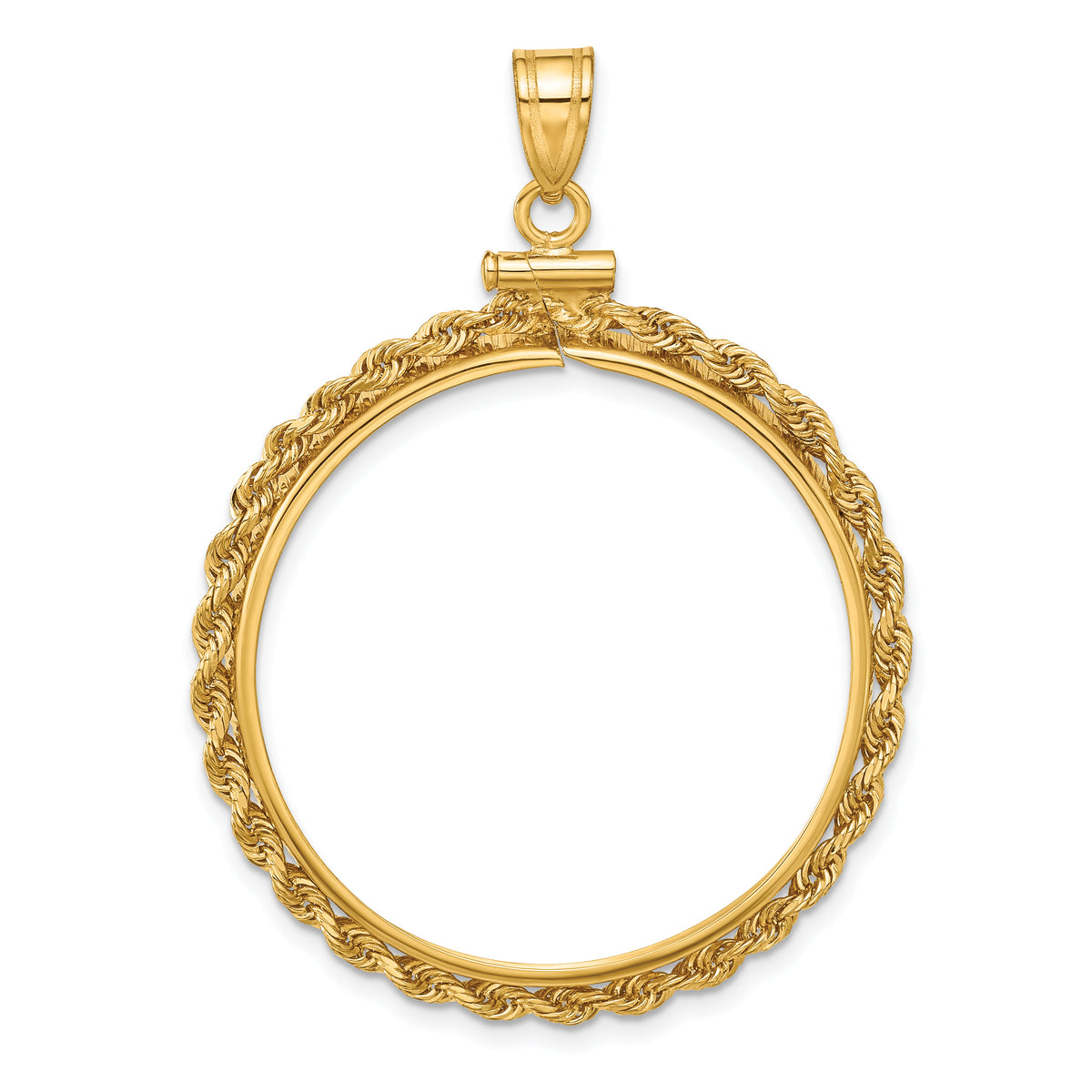 14K Yellow Gold 30 mm Coin Bezel Holder Pendant Charm Rope Edge 1 oz Maple Leaf 1/2 oz Cat Screw Top