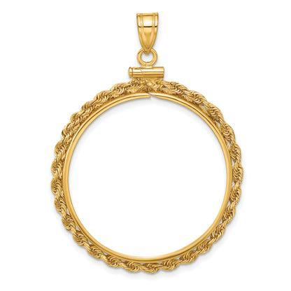 14K Yellow Gold 30 mm Coin Bezel Holder Pendant Charm Rope Edge 1 oz Maple Leaf 1/2 oz Cat Screw Top