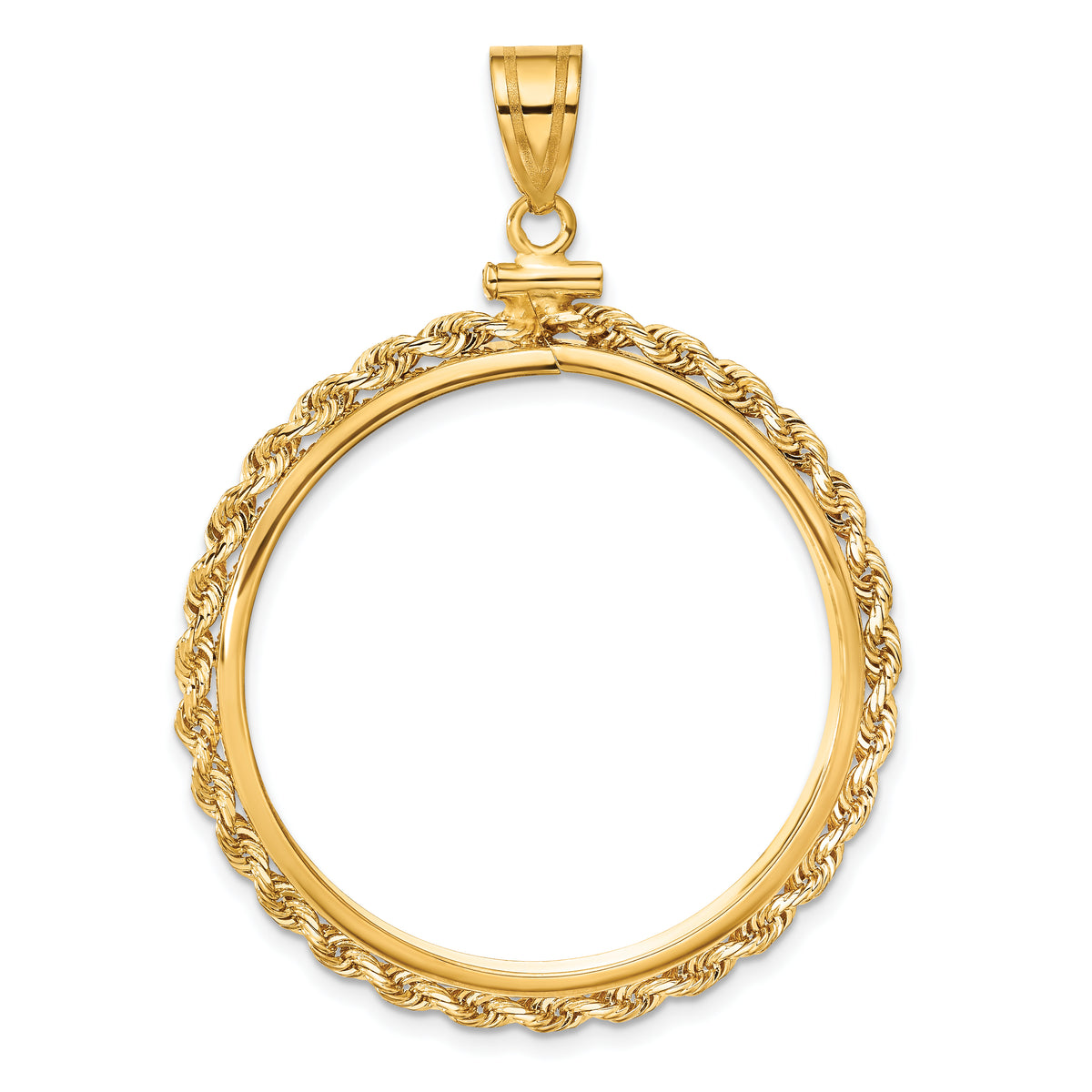 14K Yellow Gold 32.7 mm Coin Bezel Holder Pendant Charm Rope Edge 1 oz American Eagle Cat Krugerrand Screw Top