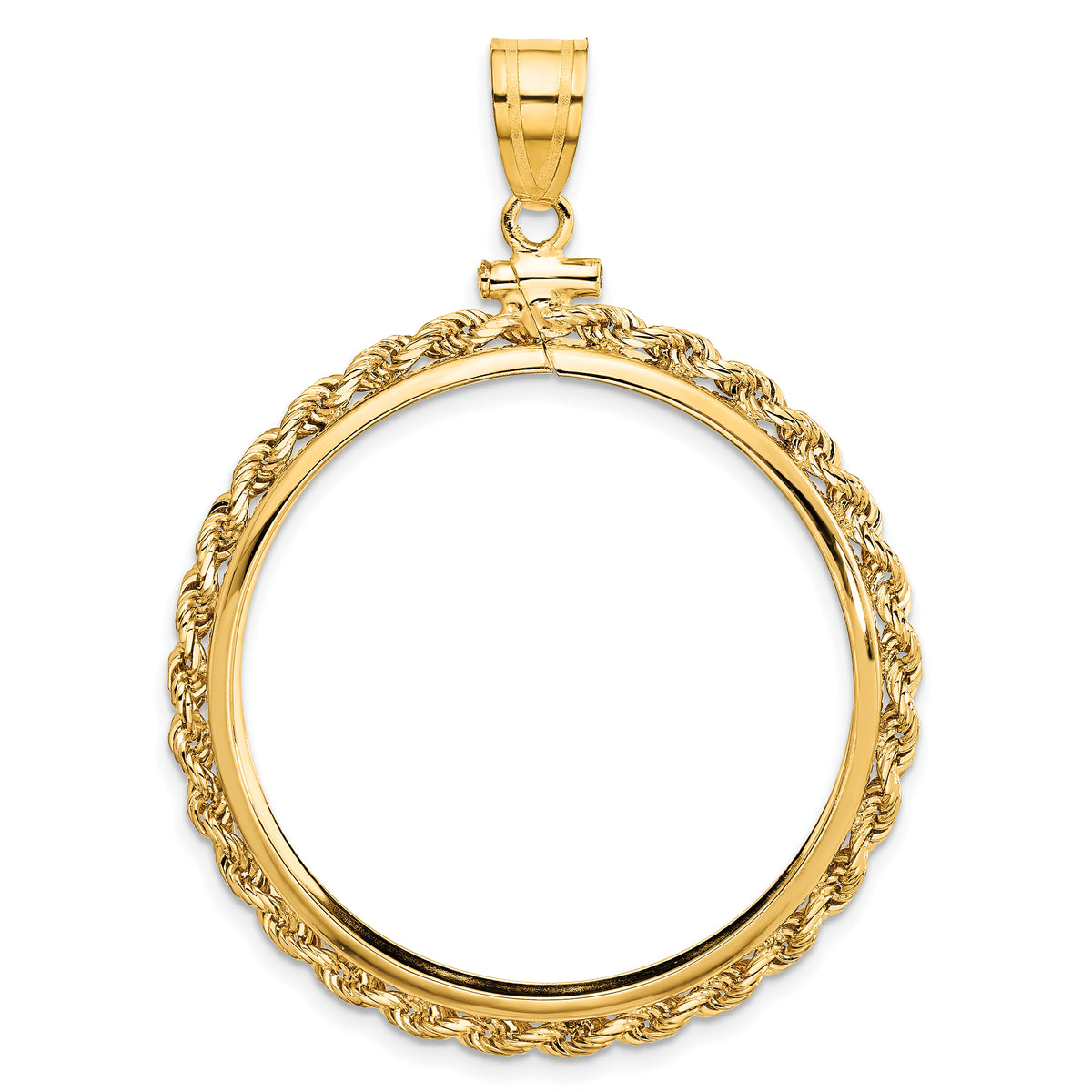 14K Yellow Gold 32.7 mm Coin Bezel Holder Pendant Charm Rope Edge 1 oz American Eagle Cat Krugerrand Screw Top
