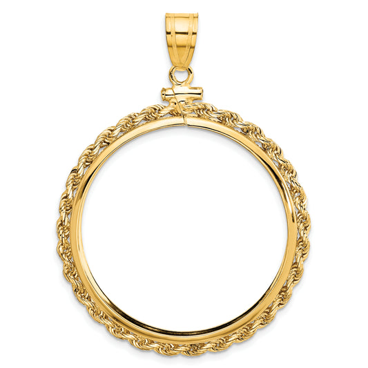 14K Yellow Gold 32.7 mm Coin Bezel Holder Pendant Charm Rope Edge 1 oz American Eagle Cat Krugerrand Screw Top