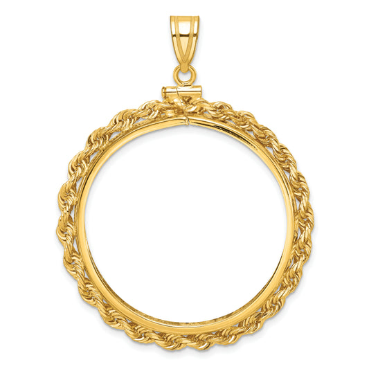14K Yellow Gold 37 mm Coin Bezel Holder Pendant Charm Rope Edge 50 Peso Screw Top