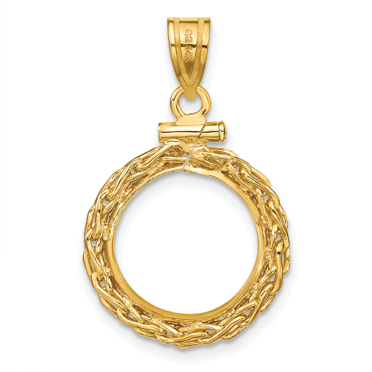 14K Yellow Gold 14 mm Coin Bezel Holder Pendant Charm Wheat Chain 1/20 oz Maple Leaf Panda Kangaroo 1/25 oz Cat Screw Top