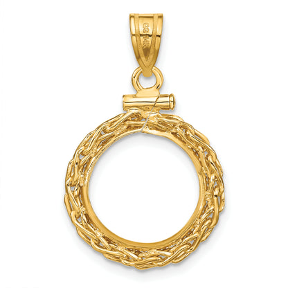 14K Yellow Gold 14 mm Coin Bezel Holder Pendant Charm Wheat Chain 1/20 oz Maple Leaf Panda Kangaroo 1/25 oz Cat Screw Top