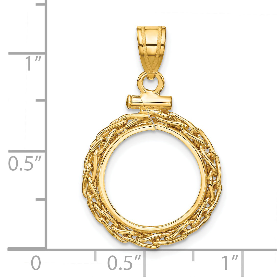 14K Yellow Gold 14 mm Coin Bezel Holder Pendant Charm Wheat Chain 1/20 oz Maple Leaf Panda Kangaroo 1/25 oz Cat Screw Top
