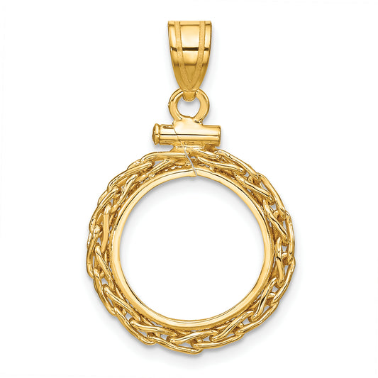 14K Yellow Gold 14 mm Coin Bezel Holder Pendant Charm Wheat Chain 1/20 oz Maple Leaf Panda Kangaroo 1/25 oz Cat Screw Top