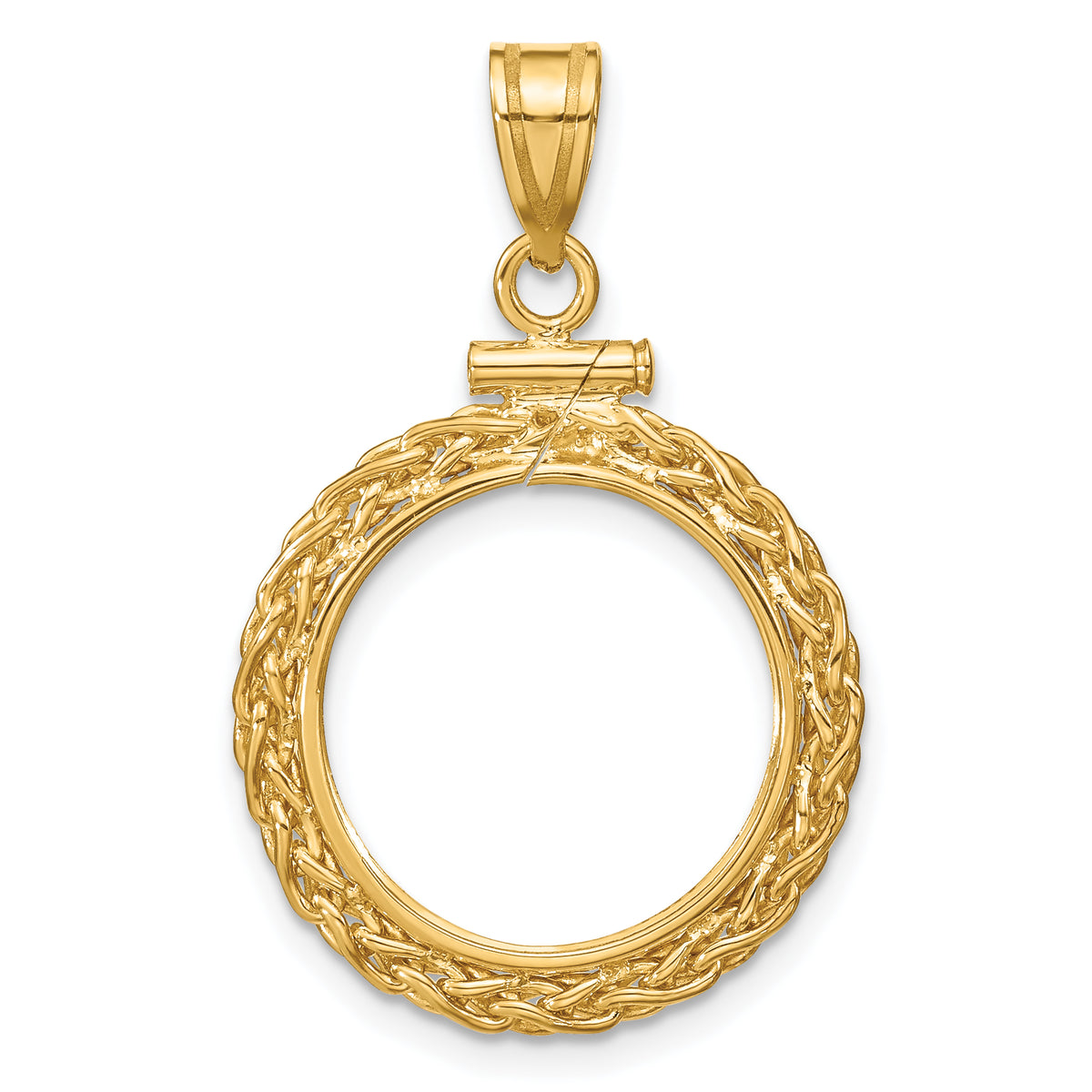 14K Yellow Gold 16 mm Coin Bezel Holder Pendant Charm Wheat Chain 1/10 oz Maple Leaf Philharmonic Australian Nugget Kangaroo Screw Top