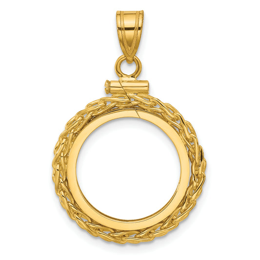 14K Yellow Gold 16.5 mm Coin Bezel Holder Pendant Charm Wheat Chain 1/10 oz American Eagle Krugerrand Screw Top