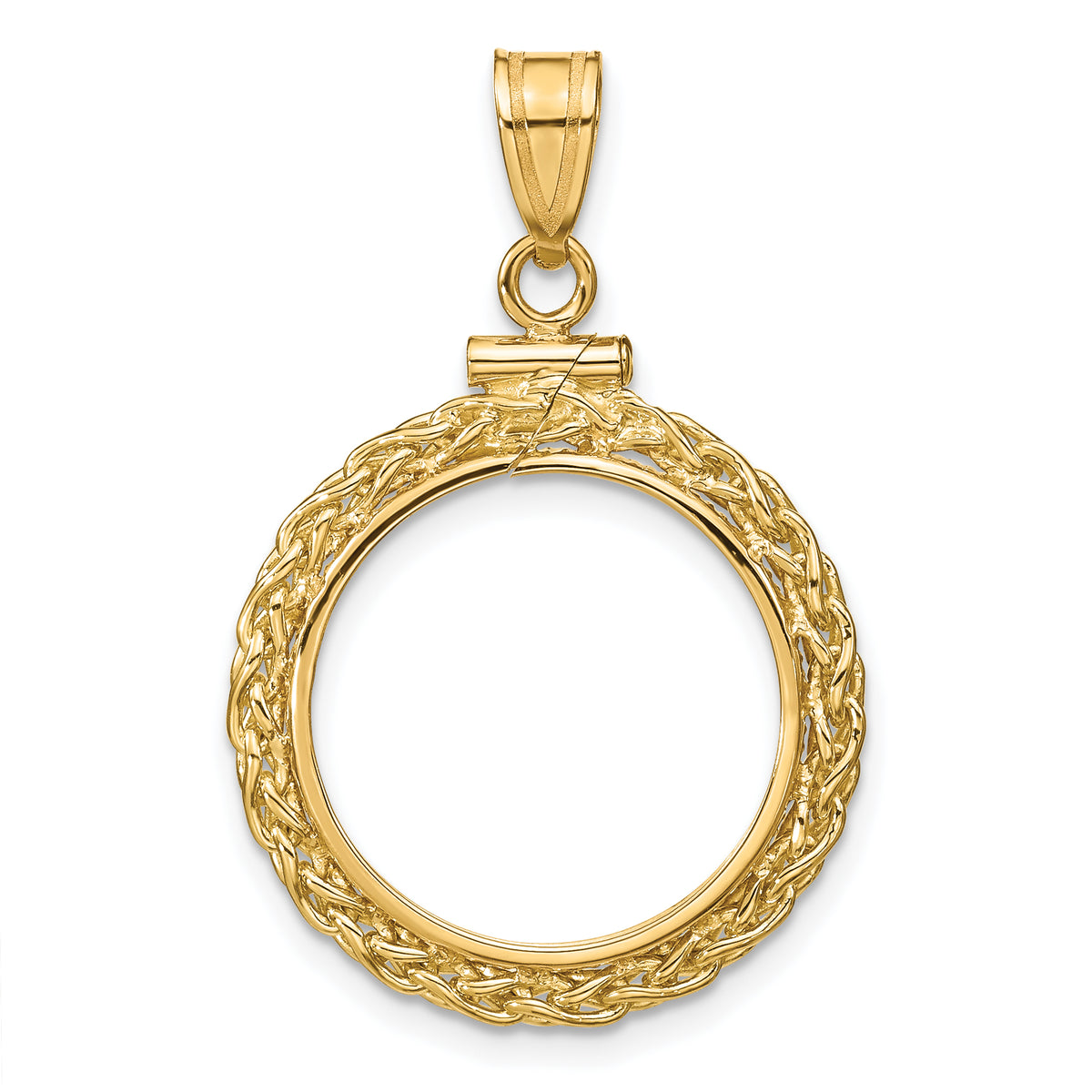 14K Yellow Gold 17.8 mm Coin Bezel Holder Pendant Charm Wheat Chain US $2.50 Dollar Liberty Indian Barber Dime Mercury Dime Screw Top