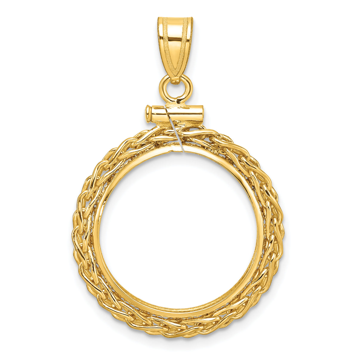 14K Yellow Gold 18 mm Coin Bezel Holder Pendant Charm Wheat Chain US Dime 1/10 oz Panda Cat Screw Top