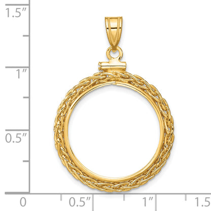 14K Yellow Gold 20.2 mm Coin Bezel Holder Pendant Charm Wheat Chain 1/4 oz Gold Maple Leaf Screw Top