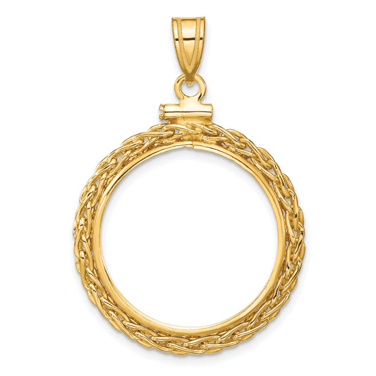 14K Yellow Gold 20.2 mm Coin Bezel Holder Pendant Charm Wheat Chain 1/4 oz Gold Maple Leaf Screw Top