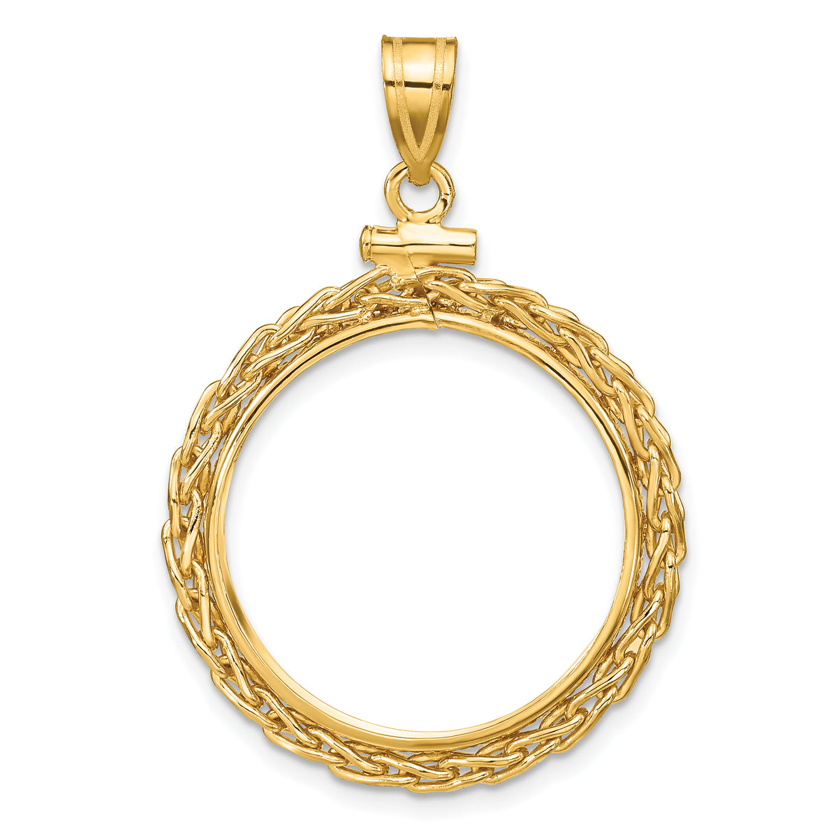 14K Yellow Gold 22 mm Coin Bezel Holder Pendant Charm Wheat Chain 1/4 oz American Eagle Panda 2 Rand US $5 Jamestown Screw Top