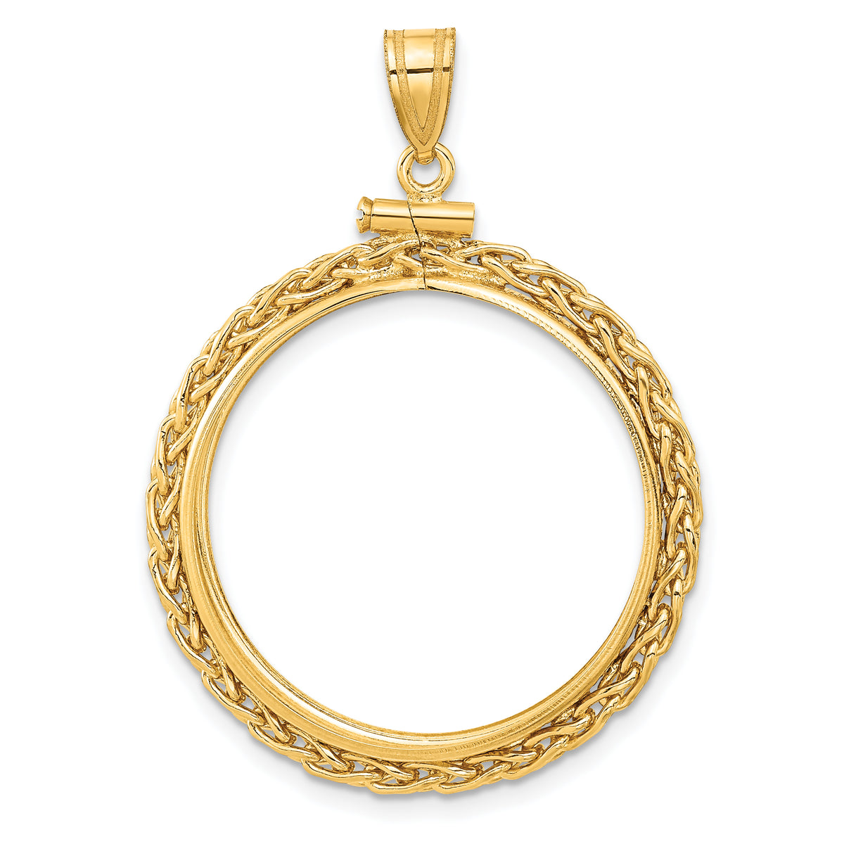 14K Yellow Gold 25 mm Coin Bezel Holder Pendant Charm Wheat Chain 1/2 oz Maple Leaf Australian Nugget Kangaroo Koala Screw Top
