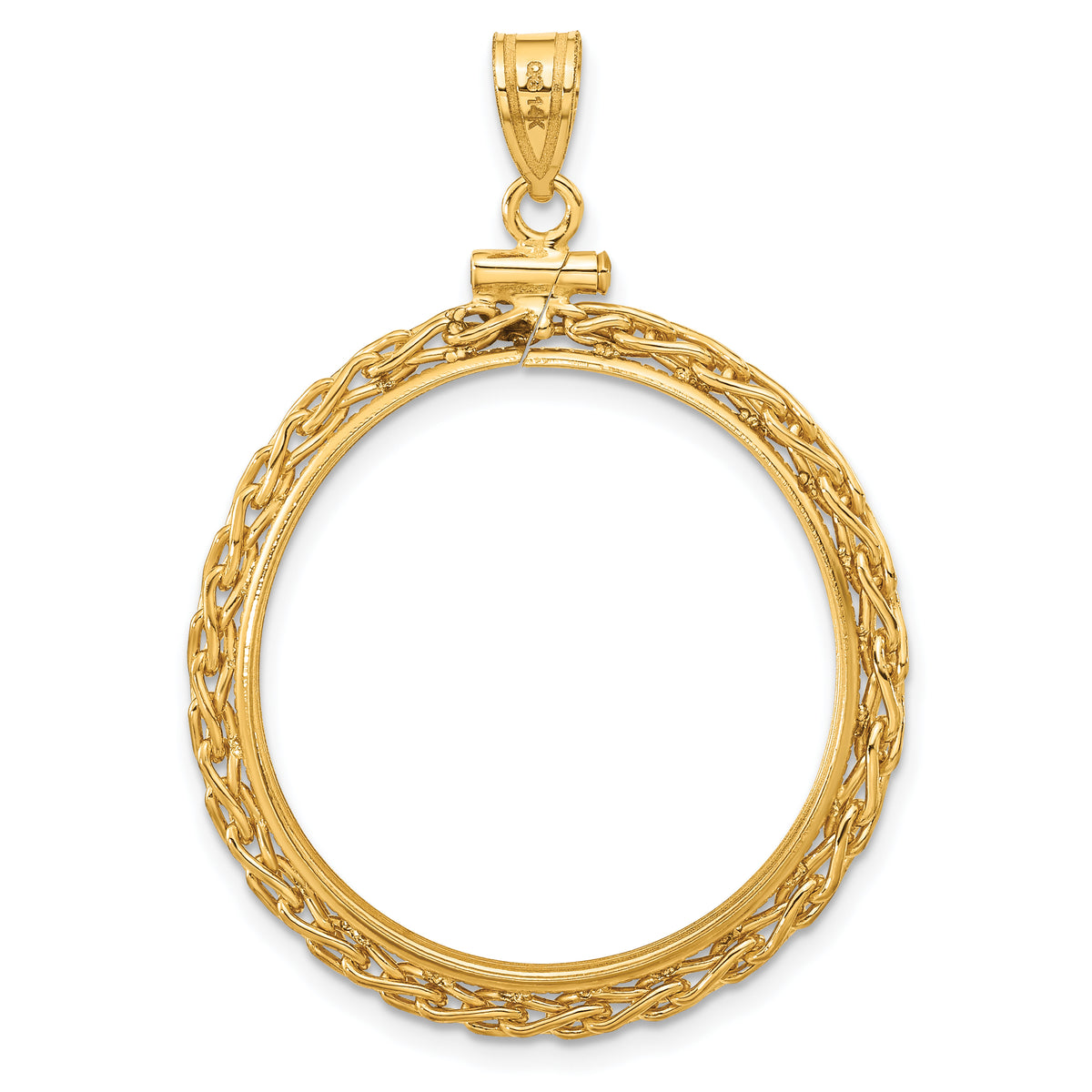 14K Yellow Gold 27 mm Coin Bezel Holder Pendant Charm Wheat Chain 1/2 oz American Eagle Panda US $10 Dollar Liberty Indian Screw Top