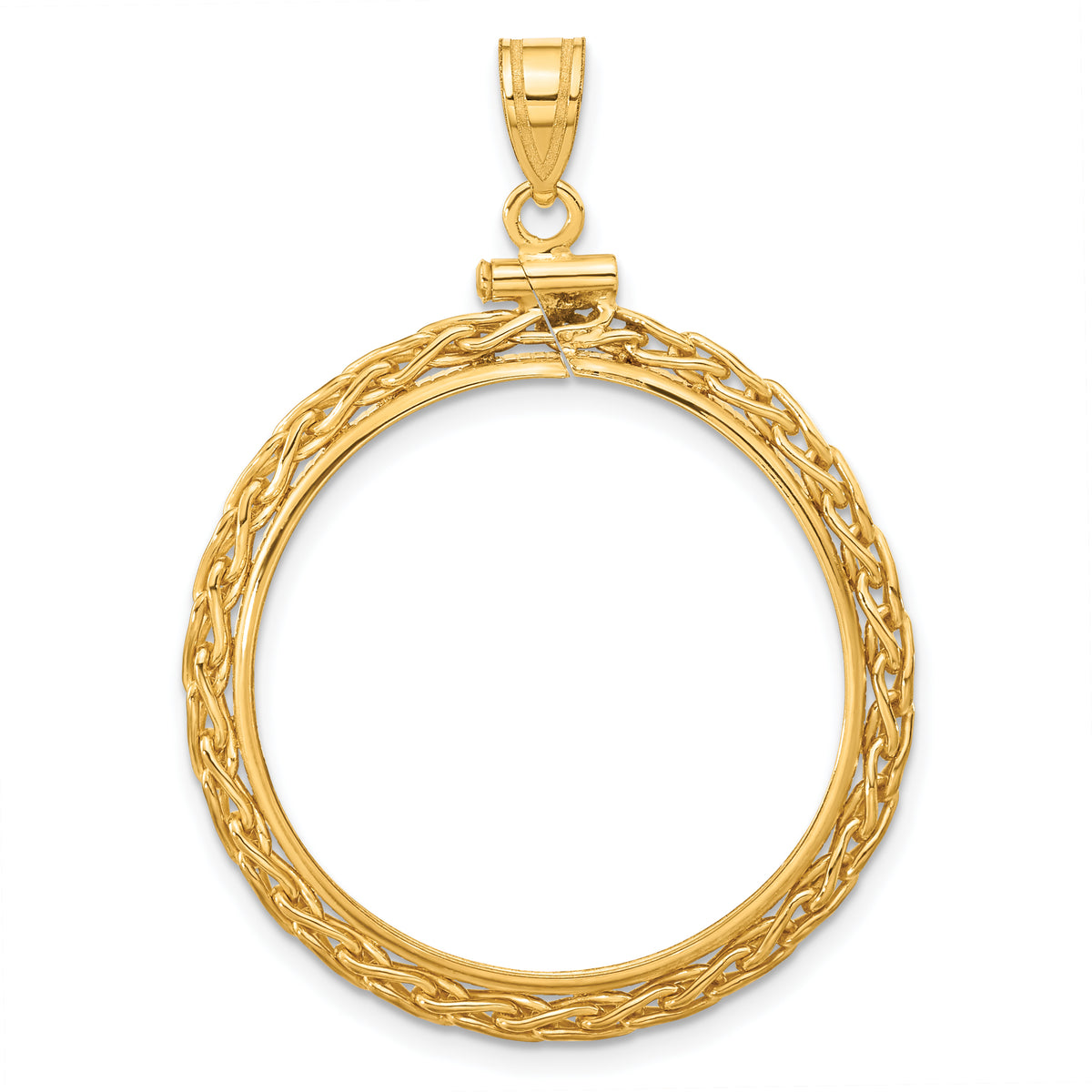 14K Yellow Gold 27 mm Coin Bezel Holder Pendant Charm Wheat Chain 1/2 oz American Eagle Panda US $10 Dollar Liberty Indian Screw Top