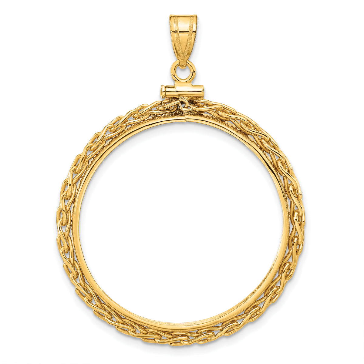 14K Yellow Gold 30 mm Coin Bezel Holder Pendant Charm Wheat Chain 1 oz Maple Leaf 1/2 oz Cat Screw Top