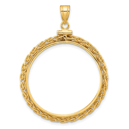 14K Yellow Gold 30 mm Coin Bezel Holder Pendant Charm Wheat Chain 1 oz Maple Leaf 1/2 oz Cat Screw Top