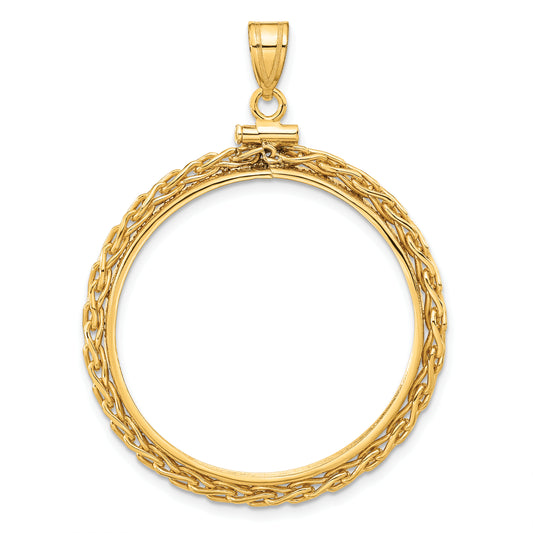 14K Yellow Gold 30 mm Coin Bezel Holder Pendant Charm Wheat Chain 1 oz Maple Leaf 1/2 oz Cat Screw Top