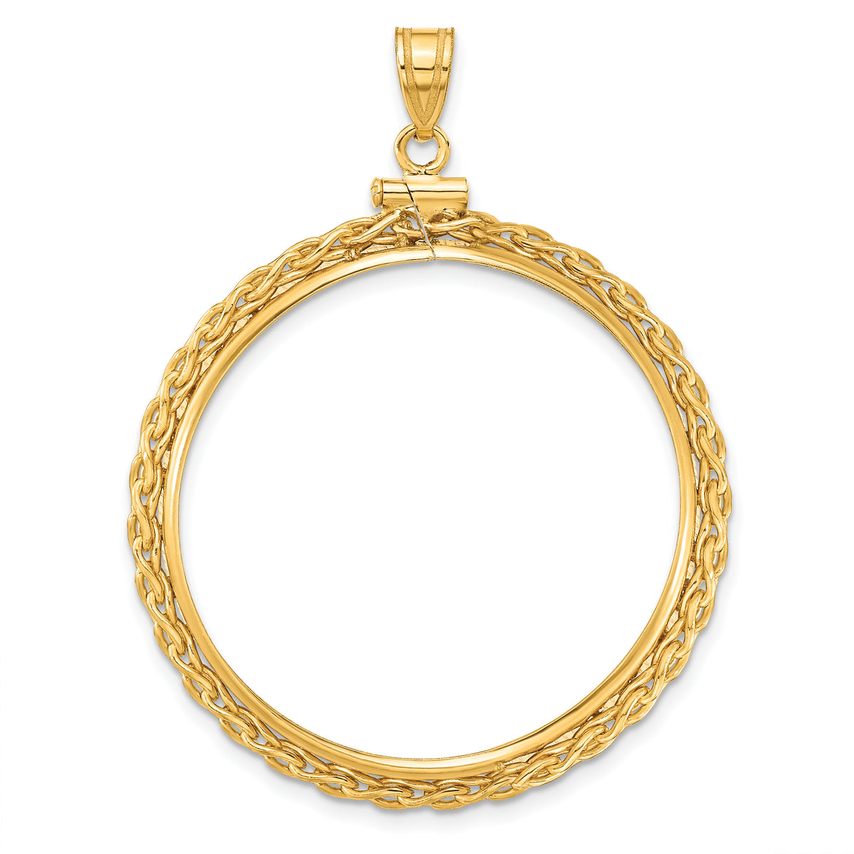 14K Yellow Gold 32.7 mm Coin Bezel Holder Pendant Charm Wheat Chain 1 oz American Eagle Cat Krugerrand Screw Top