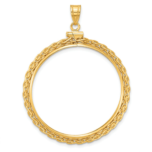 14K Yellow Gold 32.7 mm Coin Bezel Holder Pendant Charm Wheat Chain 1 oz American Eagle Cat Krugerrand Screw Top