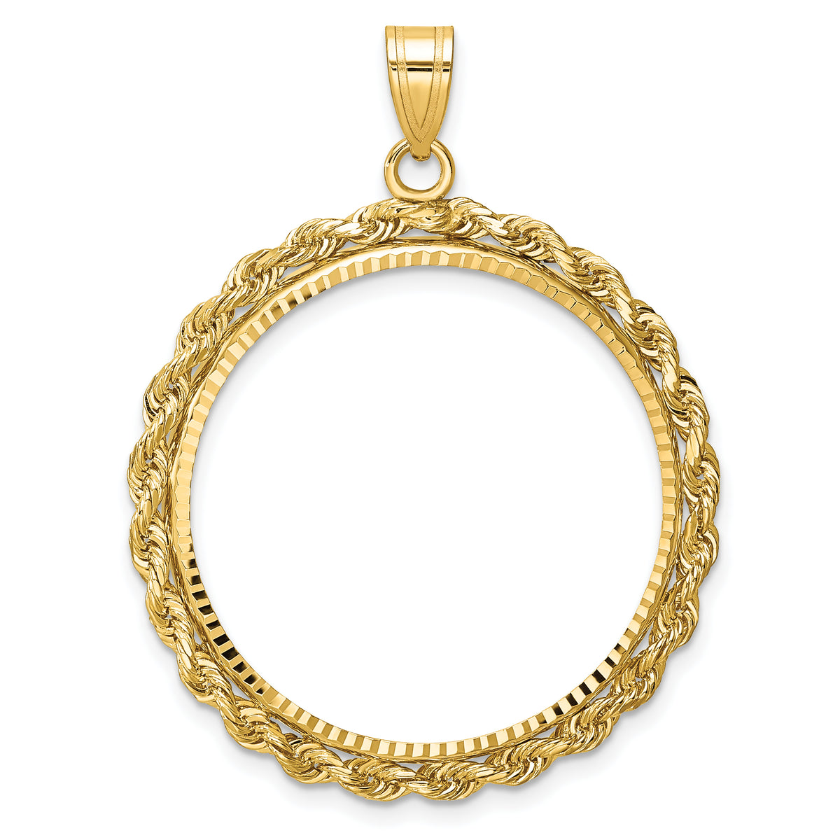 10k yellow gold diamond cut rope edge 1/2 oz american eagle panda us $10 dollar liberty indian coin bezel holder pendant prong fits 27 mm coins