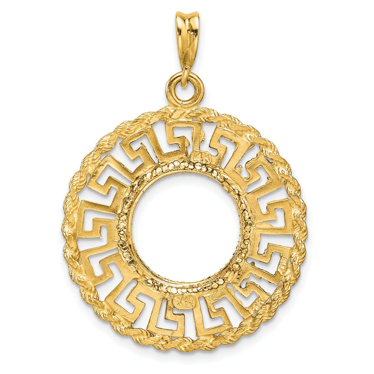 14K Yellow Gold 13 mm Coin Bezel Holder Pendant Charm Greek Key Rope Diamond Cut US $1 Dollar Type 1 and 2 Peso Prong