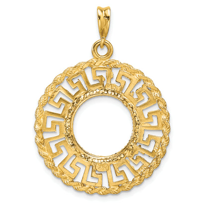 14K Yellow Gold 13 mm Coin Bezel Holder Pendant Charm Greek Key Rope Diamond Cut US $1 Dollar Type 1 and 2 Peso Prong