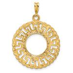 Load image into Gallery viewer, 14K Yellow Gold 13 mm Coin Bezel Holder Pendant Charm Greek Key Rope Diamond Cut US $1 Dollar Type 1 and 2 Peso Prong
