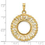 Load image into Gallery viewer, 14K Yellow Gold 13 mm Coin Bezel Holder Pendant Charm Greek Key Rope Diamond Cut US $1 Dollar Type 1 and 2 Peso Prong
