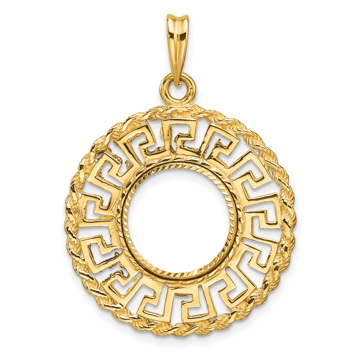 14K Yellow Gold 13 mm Coin Bezel Holder Pendant Charm Greek Key Rope Diamond Cut US $1 Dollar Type 1 and 2 Peso Prong