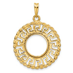 Load image into Gallery viewer, 14K Yellow Gold 13 mm Coin Bezel Holder Pendant Charm Greek Key Rope Diamond Cut US $1 Dollar Type 1 and 2 Peso Prong

