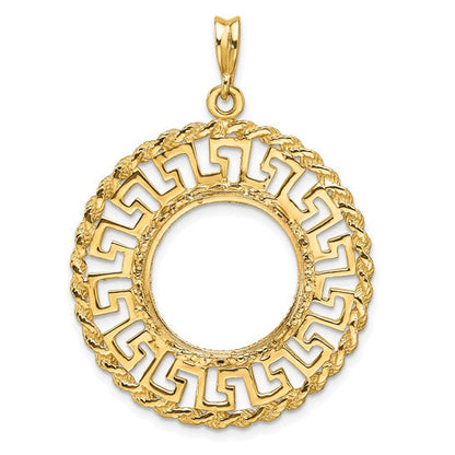 14K Yellow Gold 16.5 mm Coin Bezel Holder Pendant Charm Greek Key Rope Diamond Cut 1/10 oz American Eagle Krugerrand Prong